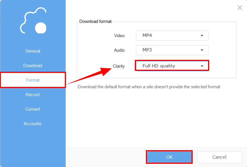 change format settings, clarity to full hd