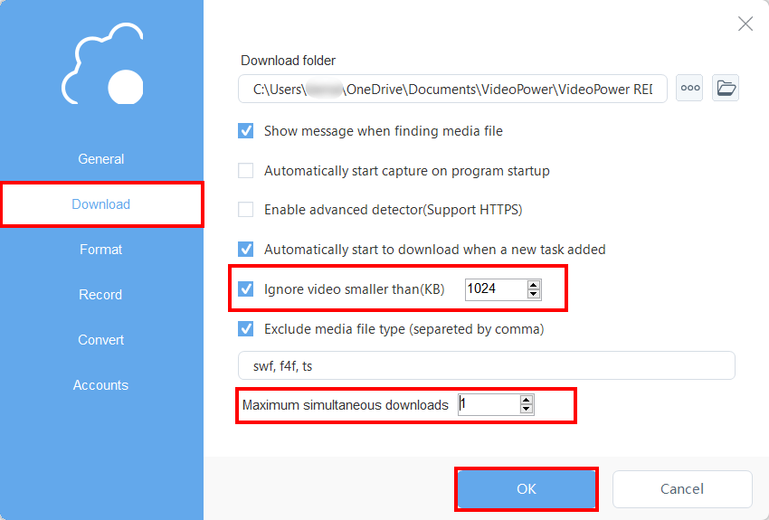 download video, modify settings